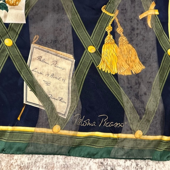 Vintage Paloma Picasso Silk Scarf Italy Green Yellow Navy Blue 33x33” square - Picture 5 of 7